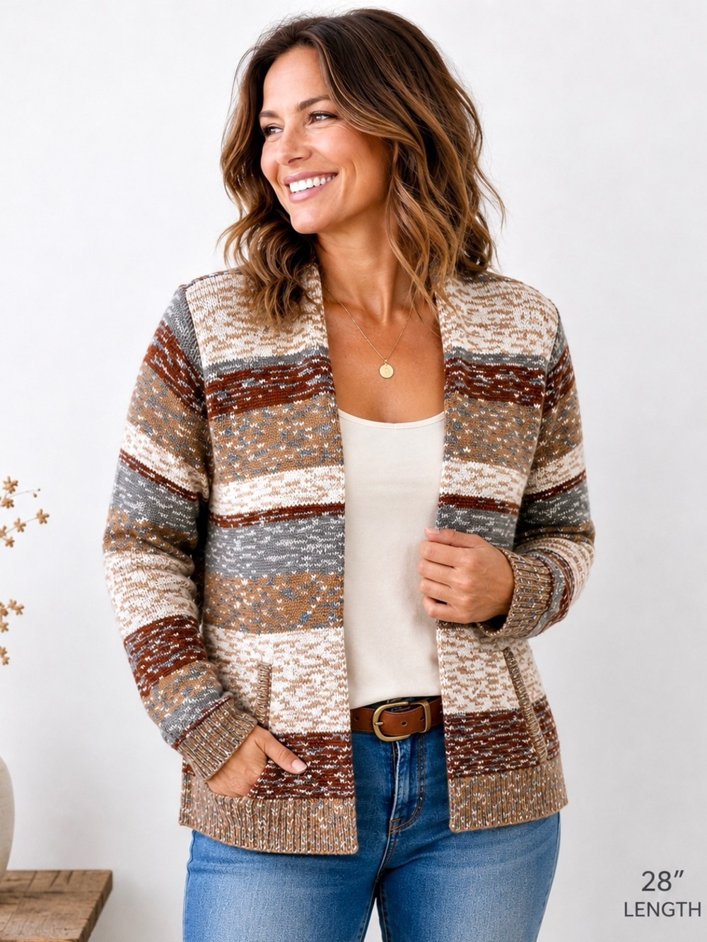 Lands' End L Open-Front boho retro neutral striped Cardigan Sweater pockets chic